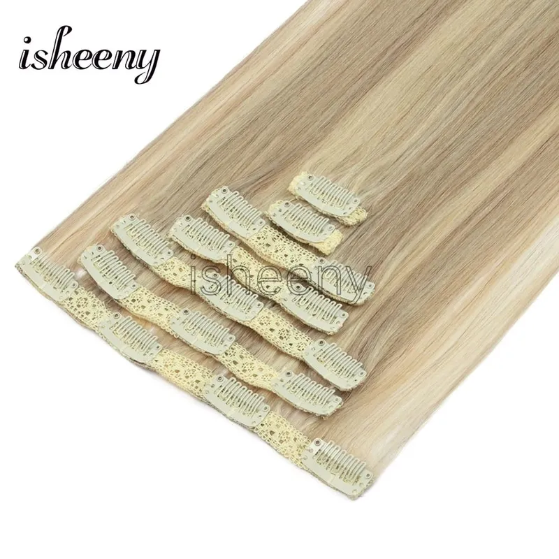 Isheeny 14"-22" Clip In Human Hair Extensions Brazilian Remy Natural Clip Human Hair Extension Real Natural Clip On 50-65G