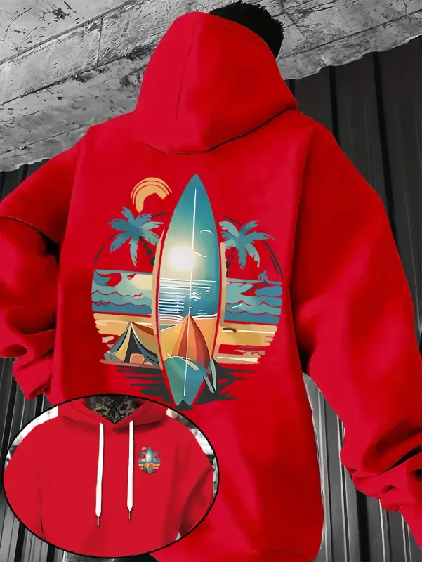 New Autumn/winter Men's Hooded Sweatshirt with Surfboard and Beach Print Loose Fit Stylish Street Style Comfortable Fit Hoodies — image 4