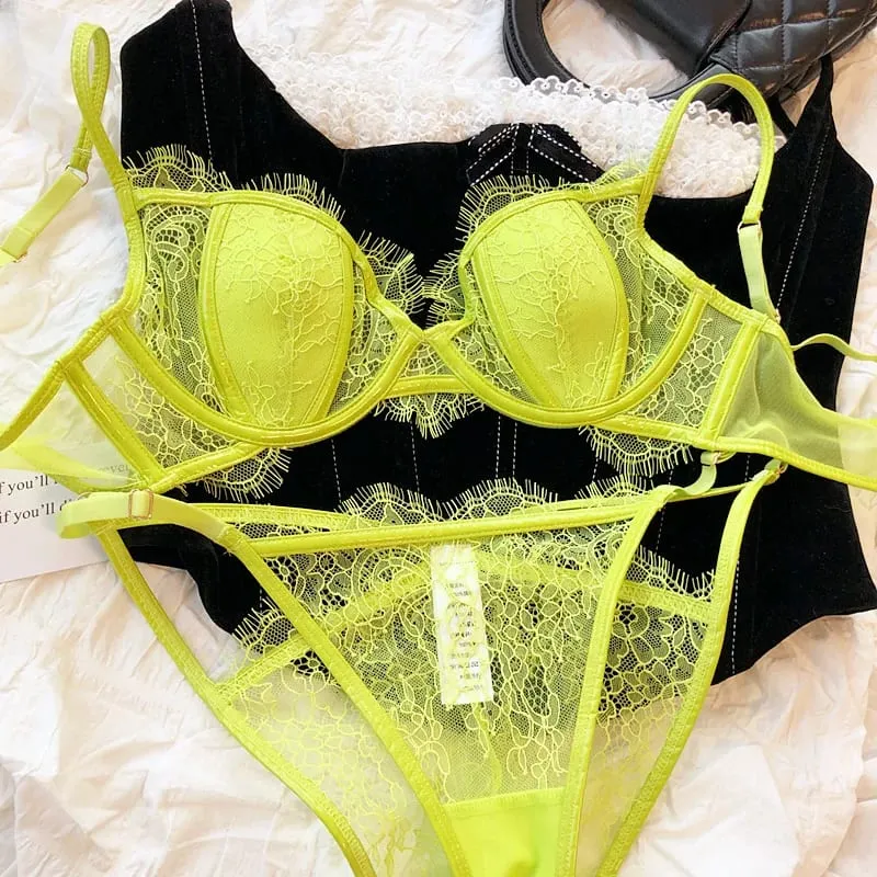 Summer Color Lace Underwear Set Sexy Thin Cup Breathable Bras Women Hollow Panties Set Female Deep V Push Up Brassiere Lingerie — image 8