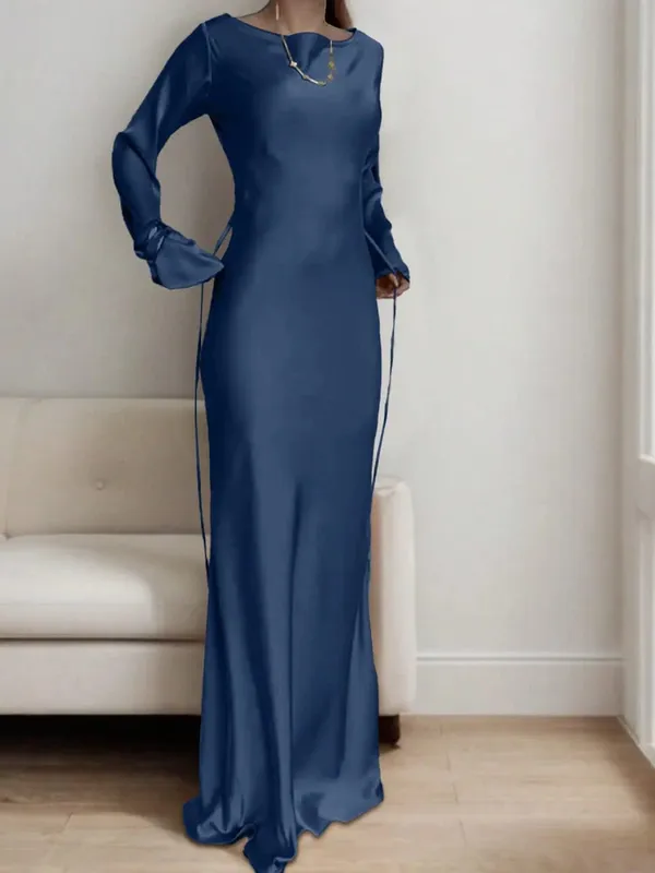 Abito lungo da donna in raso su misura con corsetto in vita, scollo rotondo classico e abito da sera di lusso con maniche svasate drammatiche — image 5