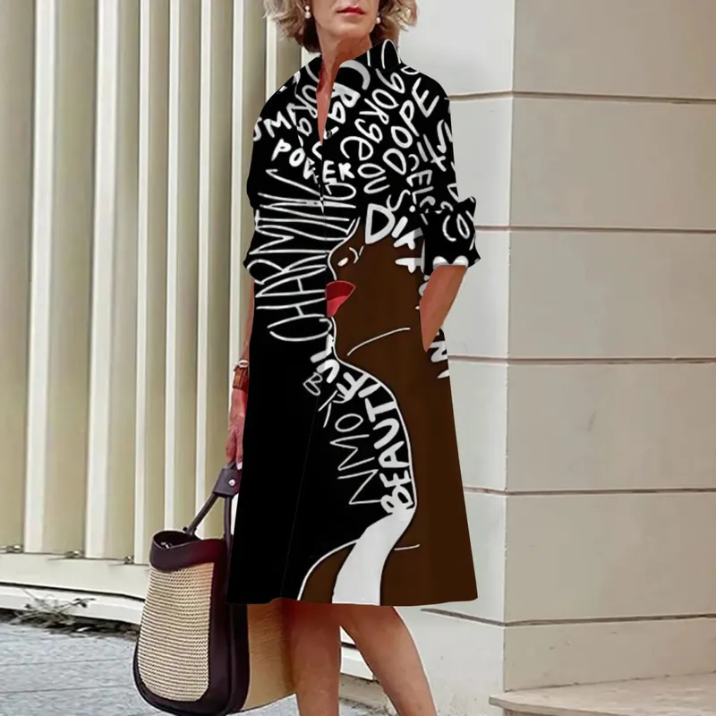 Women's Long Work Dresses Turtleneck High Waist Tie Button Face Pattern Printed Shirt Dresses Button Loose Spring and Summer — image 2