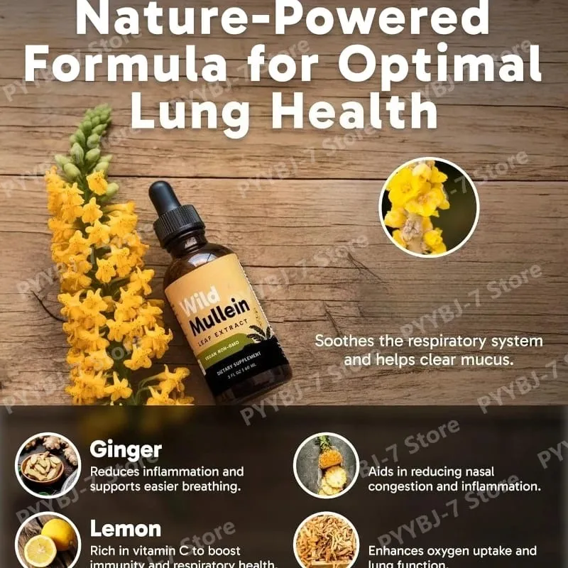 All Natural Mullein Drops with Ginger Lemon for Lung Cleanse and Detox Mullein Leaf Extract for Respiratory Lung Health — image 2