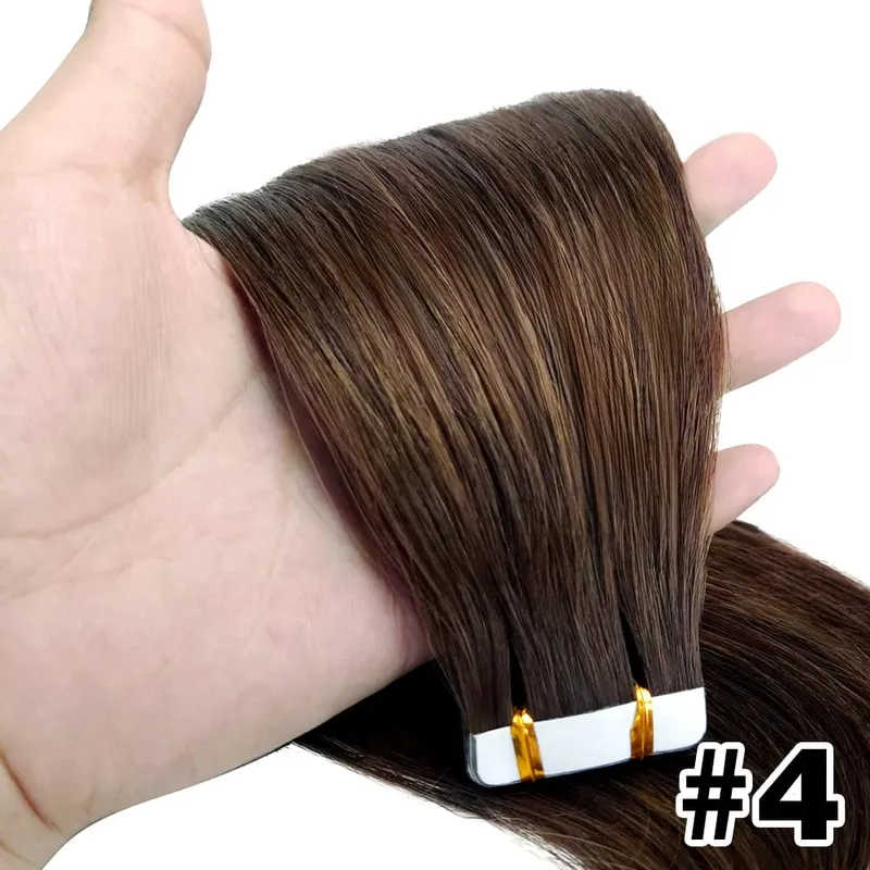 Straight Invisible Tape In Human Hair Extensions 100% Human Hair Adhesive Glue Remy Hair #2 #4 Medium Brown PU Seamless Tape In — image 8