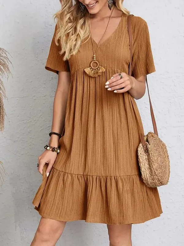 Elegant Solid V Neck A Line Dress 2024 New Summer Ruffles Loose Mini Dress Casual Short Sleeve Beach Party Vestidos Streetwear — image 9