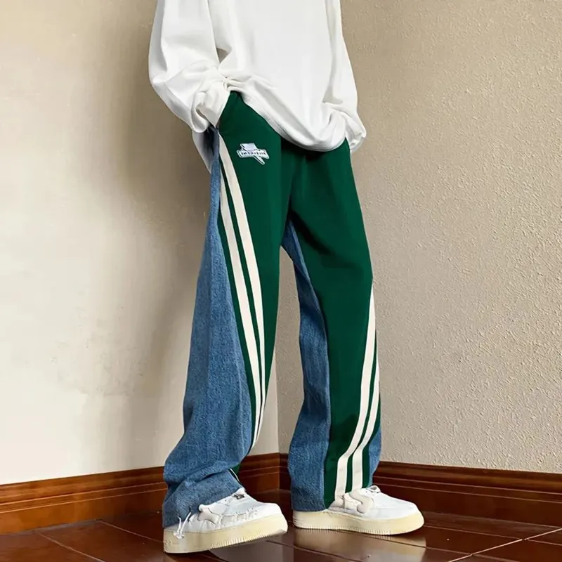 Mens Y2K Tracksuits Denim Drawstring Casual Pants Street Straight Pants Unisex Fashion Stitching Contrast Jeans Hip-Hop Trousers — image 2