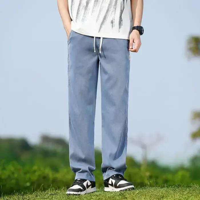 Men's Summer Soft Lyocell Fabric Jeans Thin Loose Straight Denim Pants Drawstring Elastic Waist Casual Trousers Plus Size M-5XL — image 12