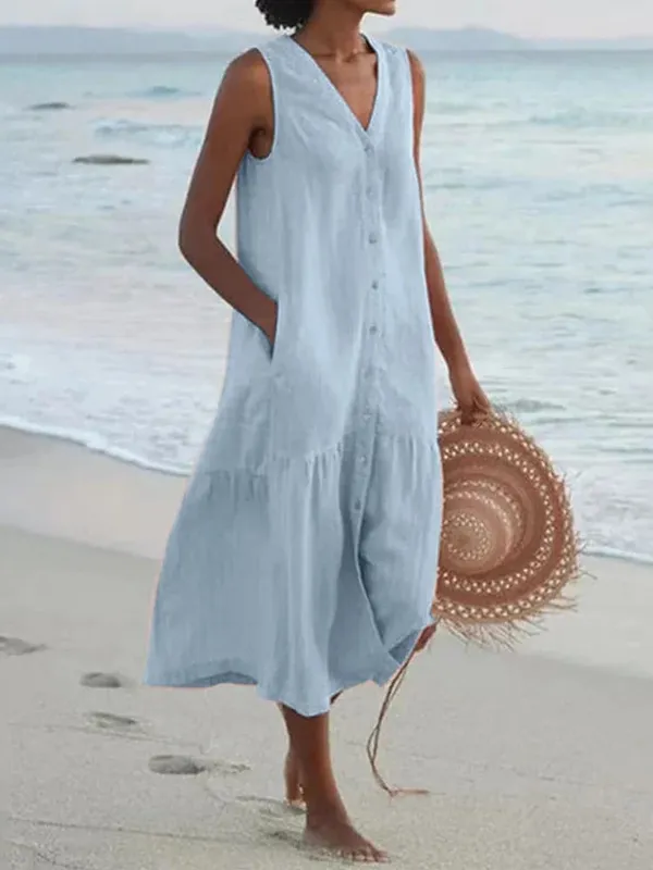 Musim Panas Longgar Kasual Patchwork Cotton Linen Pocktes Gaun V Leher Gaya Pantai Gaun Tanpa Lengan Vintage Club Midi Solid Wanita Pakaian — image 6