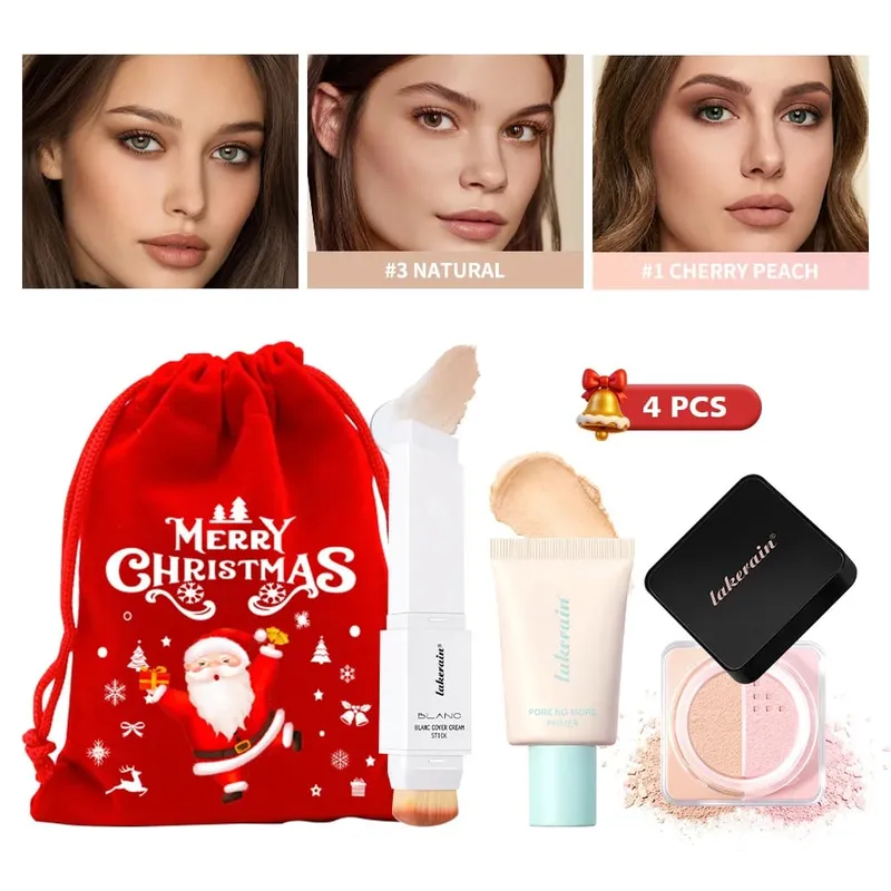 4Pcs Face Makeup Set Foundation Stick Pore No More Primer Loose Setting Powder Long Lasting Matte Beginner Makeup Christmas Gift — image 2