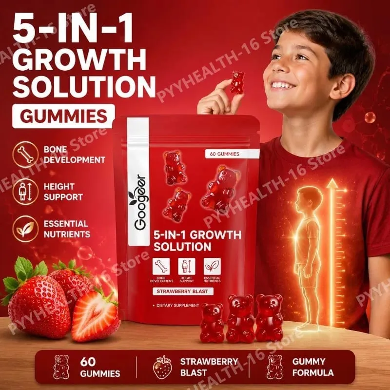 Googeer Solution de croissance 5 en 1 Gummies pour le développement osseux et le soutien de la taille Vitamine D3 K2 Calcium Strawberry Blast 60 Gummies — image 1