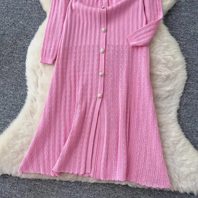 YuooMuoo Brand Fashion Aesthetic Patchwork Knitted Maxi Dress Autumn Winter Women Luxury Shirt Sweater Dress Office Lady Vestido — image 6