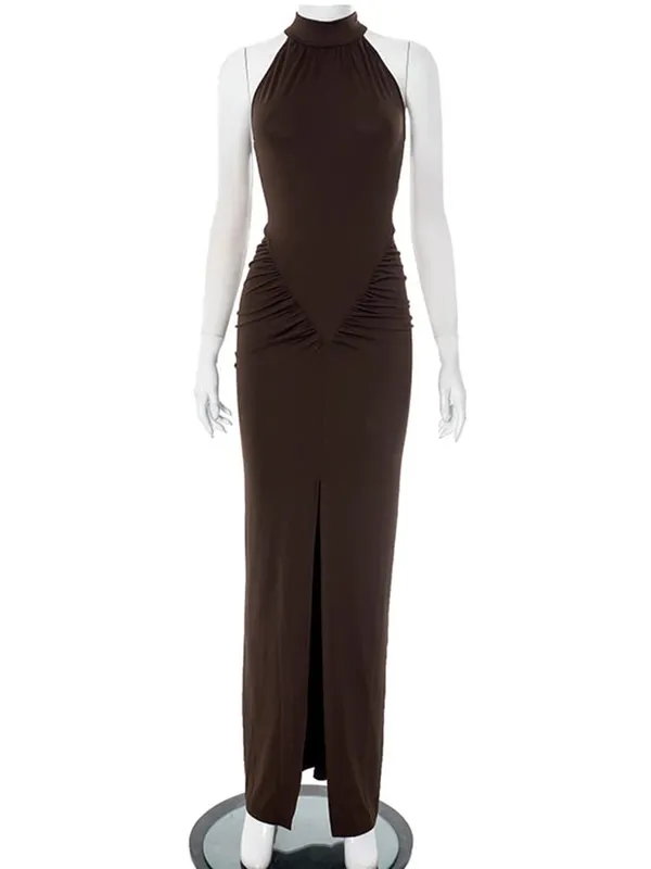 Sleeveless Halter Ruched Maxi Dress For Women Sexy Slit Solid Bodycon Dress High Street Female Evening Party Long Dress