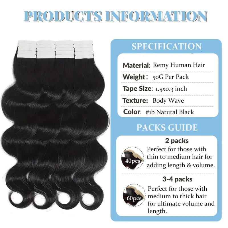 Tape In Hair Extensions Body Wave Remy Human Hair Adhesive Replaceable Seamless Skin Weft Tape 20/40pcs Hair For Women 24 Inches — image 3