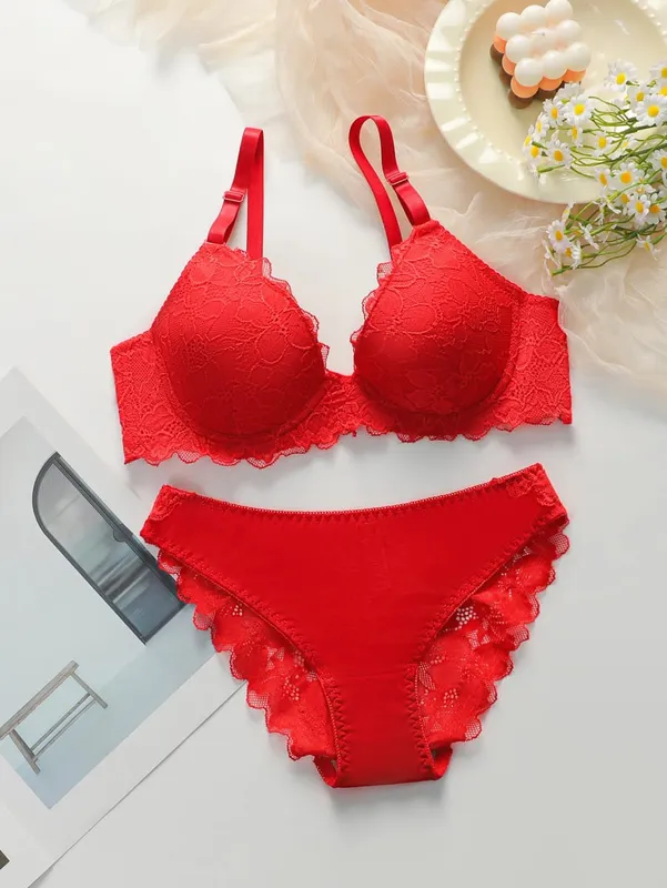 Red Lingerie lace cotton cup 2-piece set sexy and white toned lingerie set women's underwear set J3431 — image 1