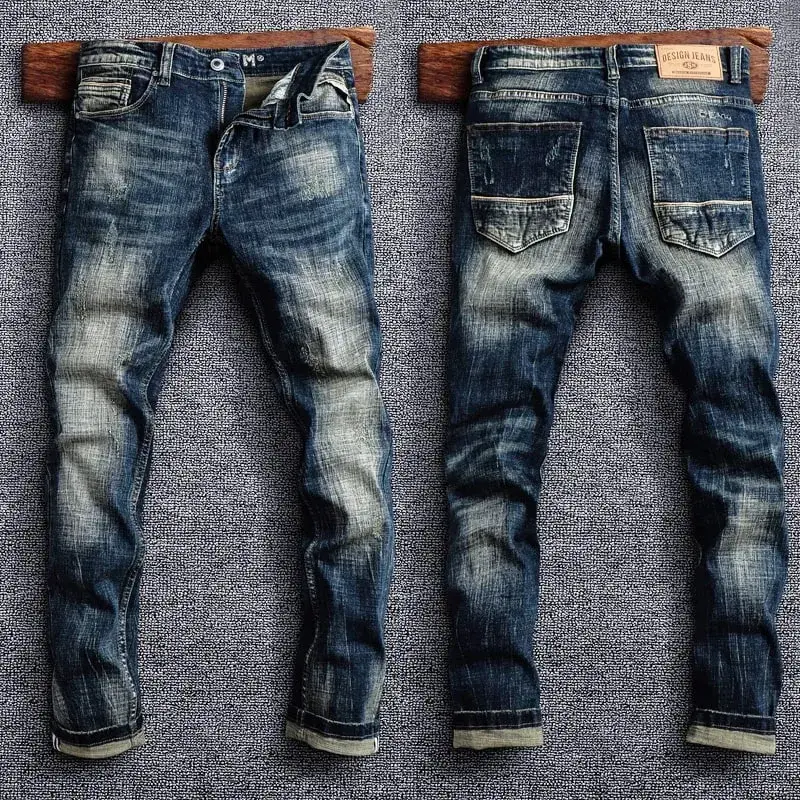 Italian Style Fashion Men Jeans Retro Black Blue Elastic Slim Fit Ripped Jeans Men Trousers Vintage Designer Casual Denim Pants