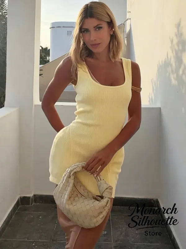 Sólido malha u pescoço malha mini vestido feminino chique sem mangas com nervuras tanque minimalista magro vestidos curtos senhora clube 2026 vestido de chegada