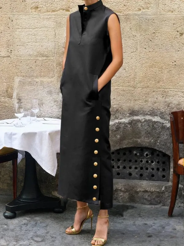 Yeezzi Women Fashion Split-Side Buttoned Stand Collar Evening Dresses 2026 New Sleeveless Solid Color H-Line Casual Shirts Dress