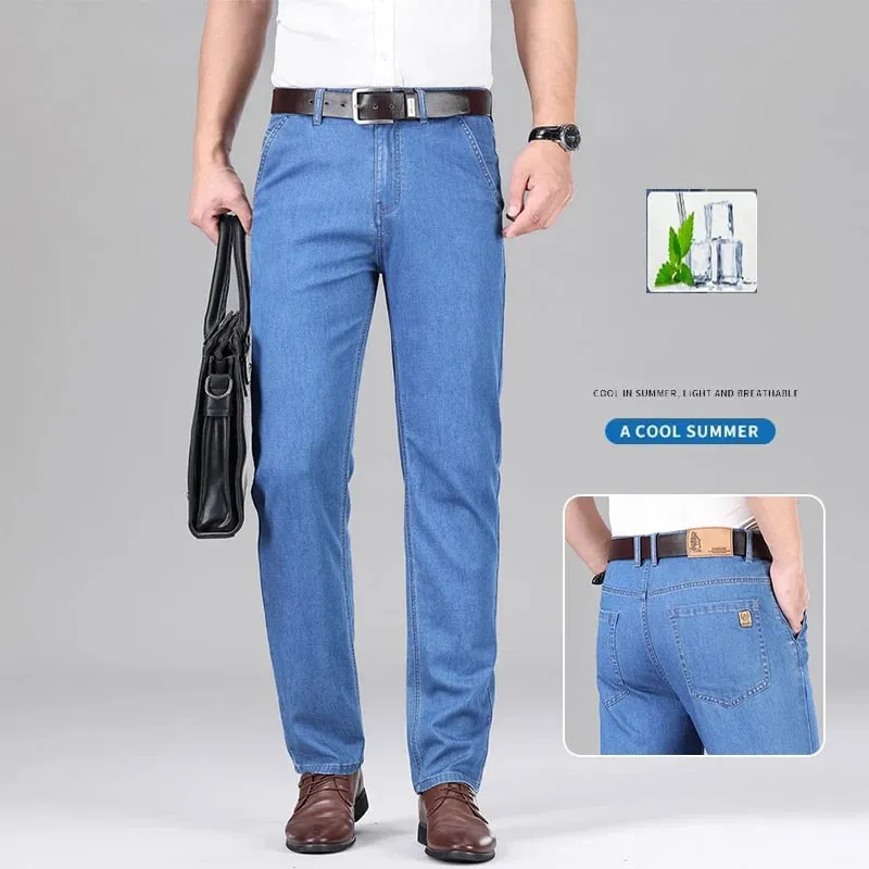 New Lyocell Fabric Jeans Men Summer Thin Business Straight Leg Loose Trousers Men's Casual Long Pants Large Size — image 1