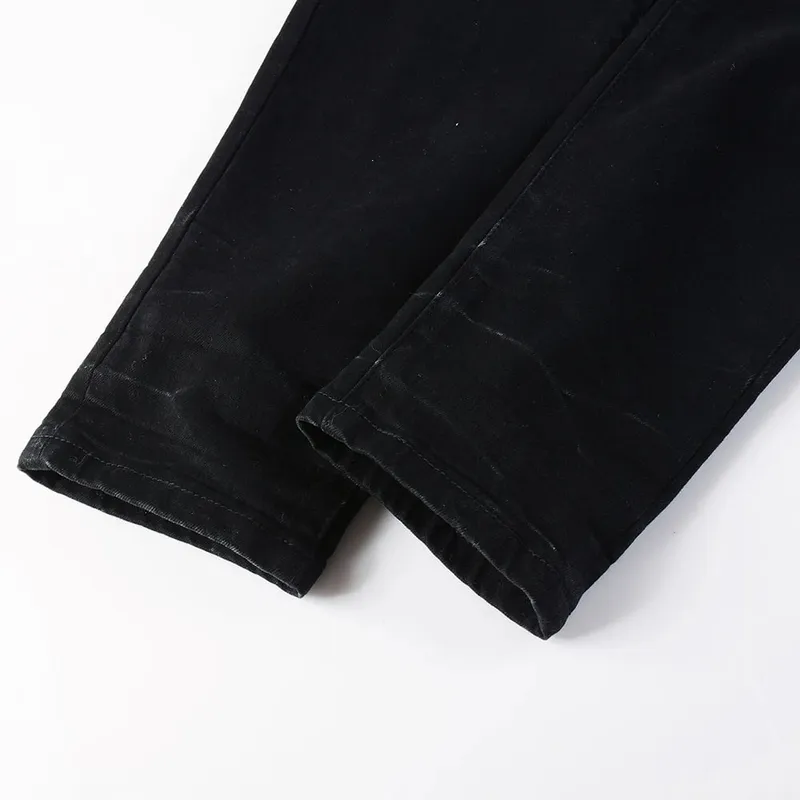 Men's White Pleated Patch Denim Jeans Streetwear High Stretch Denim Cotton Pants Ripped Skinny Tapered Black Trousers — image 5