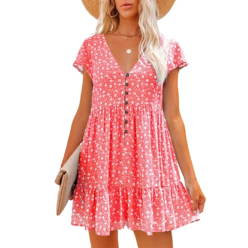 In Europe and the spring and summer independent stand v-neck button small broken flower loose women's leisure dress with short s — image 7