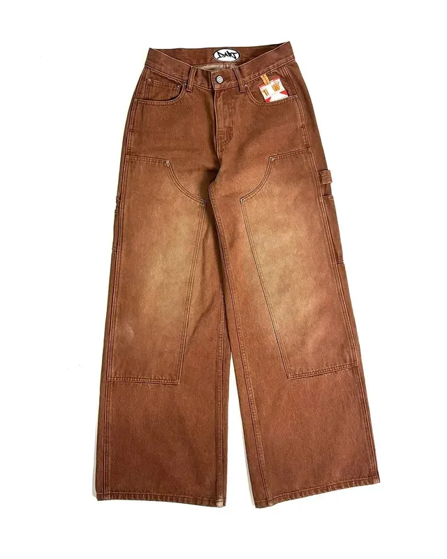 Jeans Brown Carpenter Lelaki Wanita Poket Berat Sulaman Lebar Kaki Perincian Streetwear Seluar Fesyen Kasual Longgar Sesuai Lembut Y2K — image 4