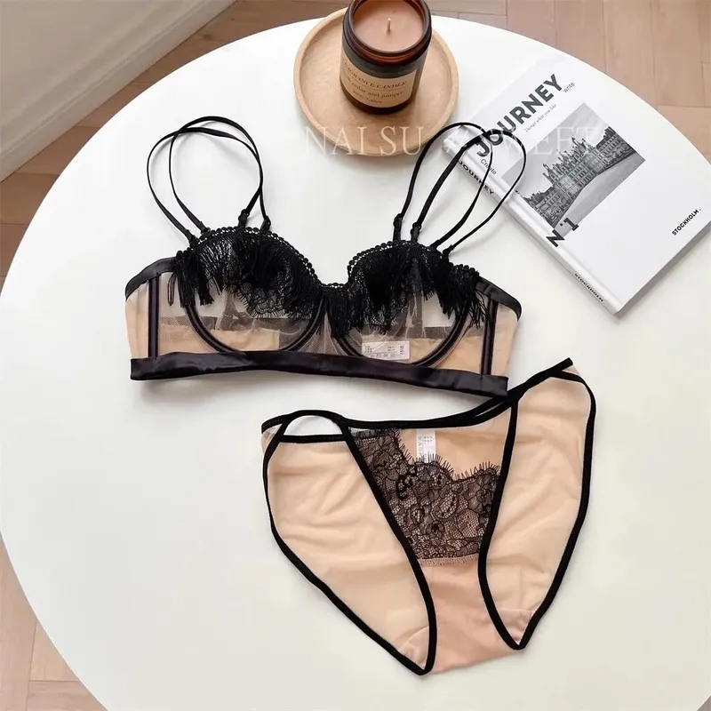 Premium Sheer Mesh Bra Set Fringed Lace Half-Cup Minimizer Ultra-Thin Luxury Lingerie Full Bust Coverage Slim Silhouette — image 11