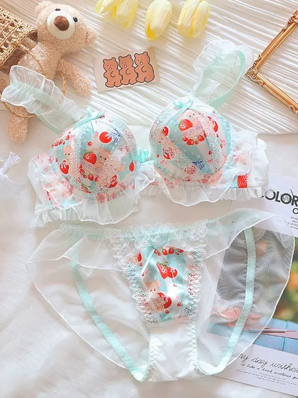 (Pure Want Wind) Princess Lolita Soft Cute Little Bear Underwear Cute Little Boob Push-up Bra Set Without Underwire — image 1