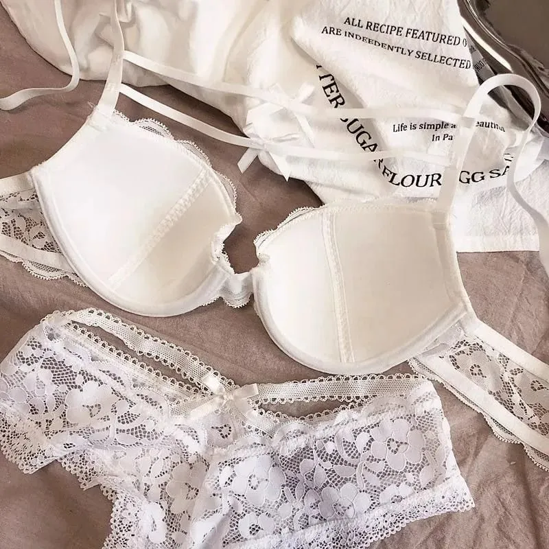 Women Lingerie Wireless Comfortable Gathering Bra and Brief Set Embroidered Mesh Embrodiered Anti-sagging Pure Desire Underwear — image 4