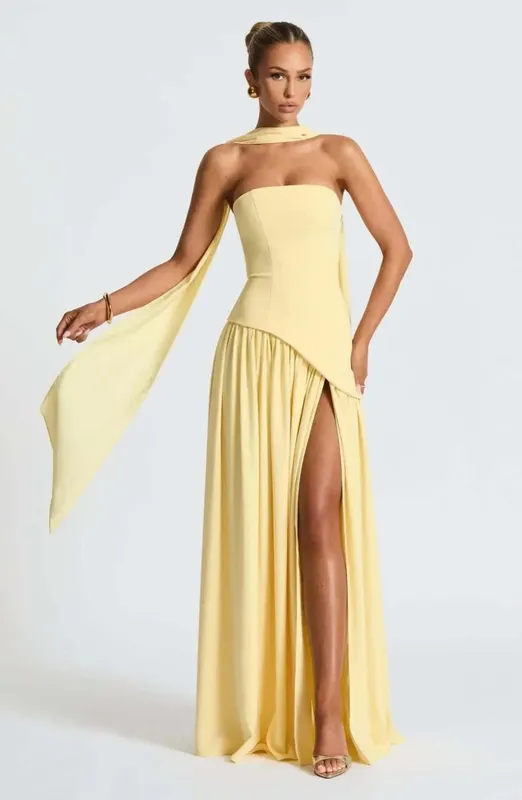 Butter Yellow Mesh Splicing Long Dress Elegant Strapless Split Backless Pleated Gowns For Women 2026 Lady Evening Party Gowns — image 11