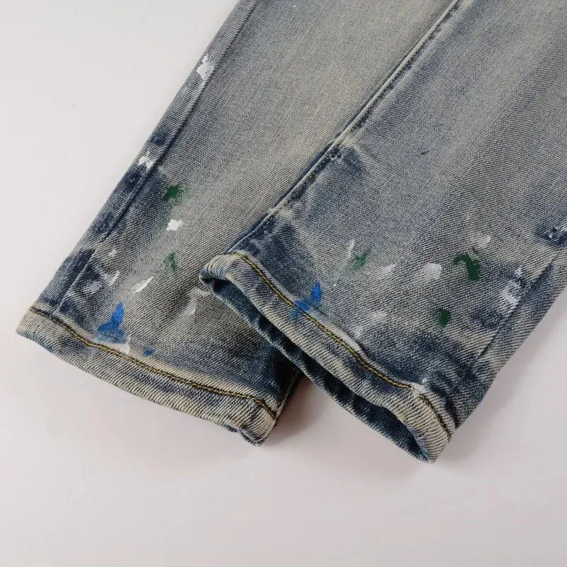 Men Painted Stretch Denim Biker Jeans Streetwear Cracked Patch Patchwork Holes Ripped Distressed Pants Skinny Tapered Trousers — image 5