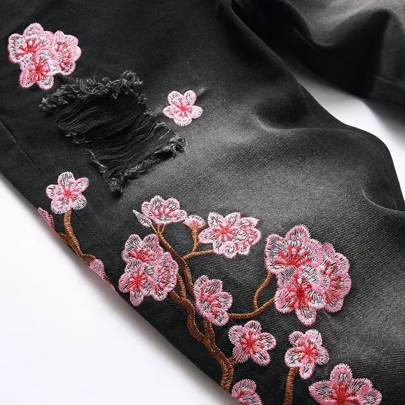 Men Sakura Embroidery Denim Jeans Streetwear Boot Cut Pants Released Hem Flared Trousers with Ripped And Cherry Blossom Design — image 3