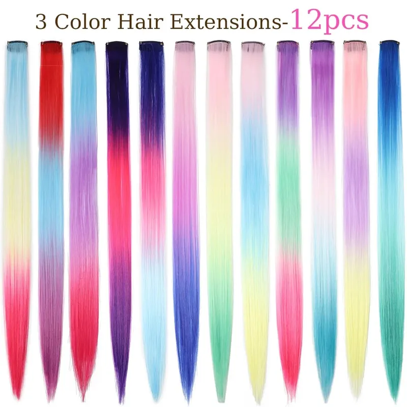 20 inch patchwork 3 color synthetic single clip rainbow color hair extensions 24 color hair extensions for girls holiday gifts — image 6