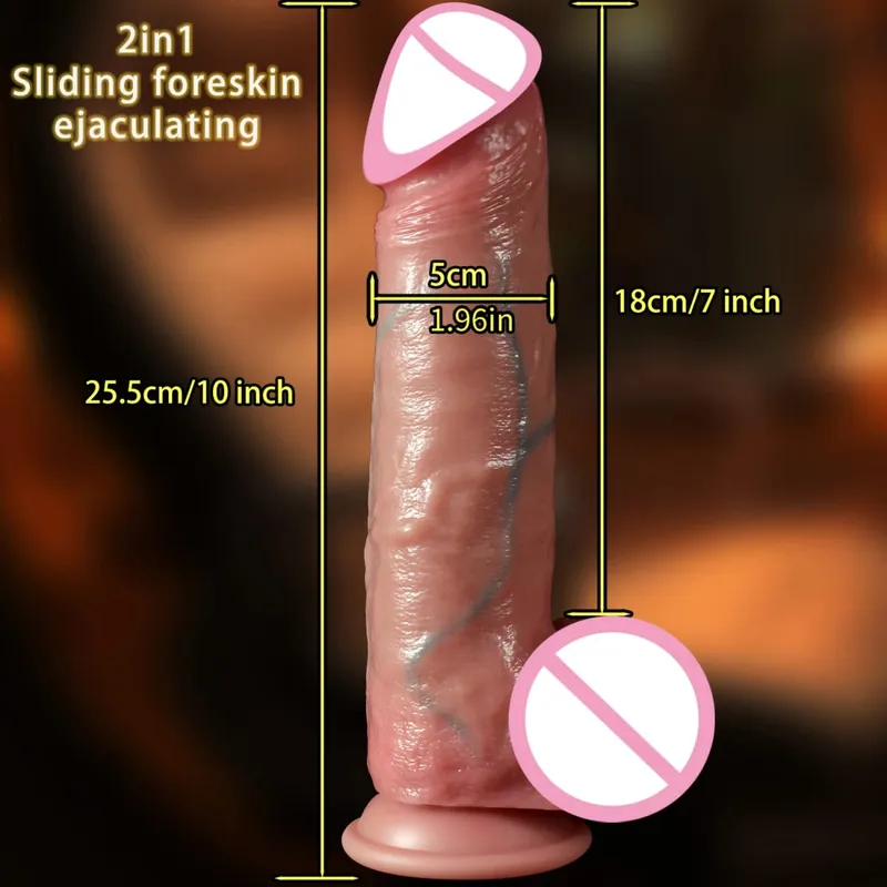 2 In1 Super Realistic Dildo Penis Sliding Foreskin Ejaculation Big Dick Penetration Anal Female Masturbation Sexy Adult Sex Toys