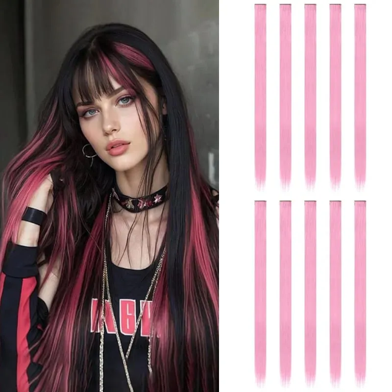 10 Pcs Synthetic Pink Hair Extensions 22 Inch Straight Colored Hair Colorful Clip Highlight Party for Kids and Women Gift