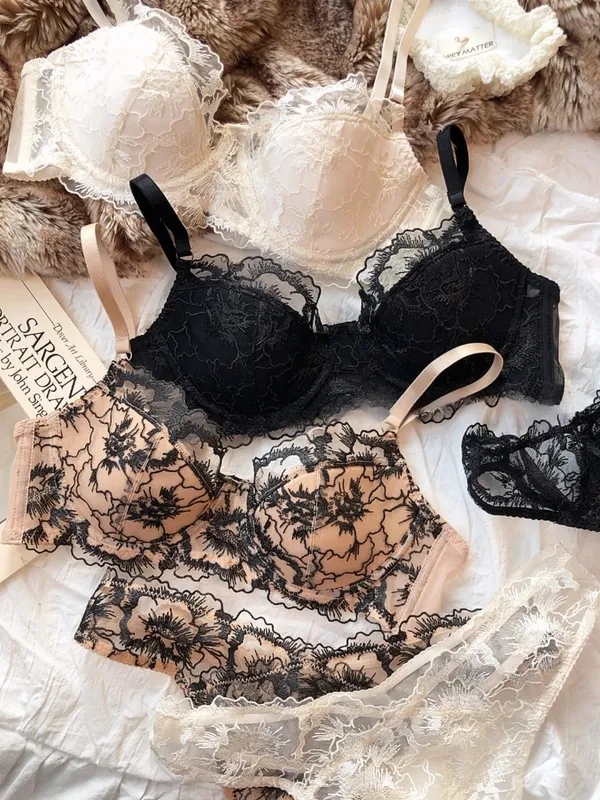 Sexy Lace Flowers Embroidery Bra Set Thin 3/4 Cup Push Up Lingerie For Women Summer Breathable Comfort Brassiere Underwear Sets — image 1