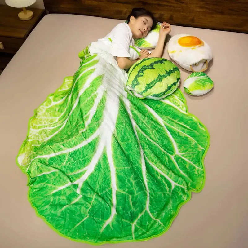 3D Lifelike Plush Chinese Cabbage Watermelon Blanket Simulation Stuffed Poached Egg Throw Pillow with Blanket 2 In 1 Cushion — image 2