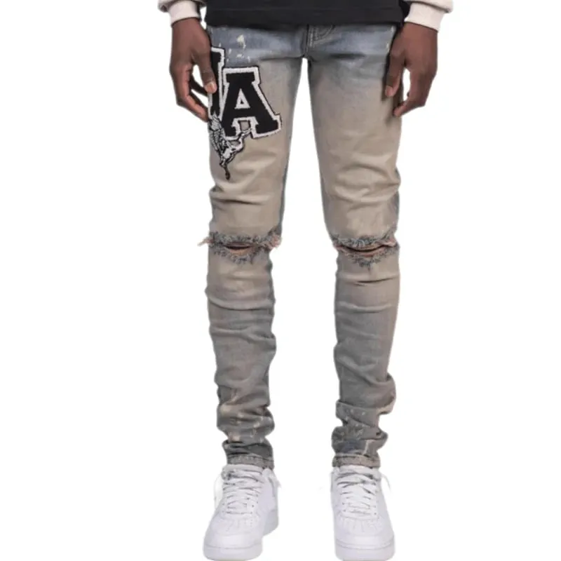 Kakan - New Men's Blue Slim Fit Patch Jeans Y2k Printed Design Long Jeans Jeans Man Brand