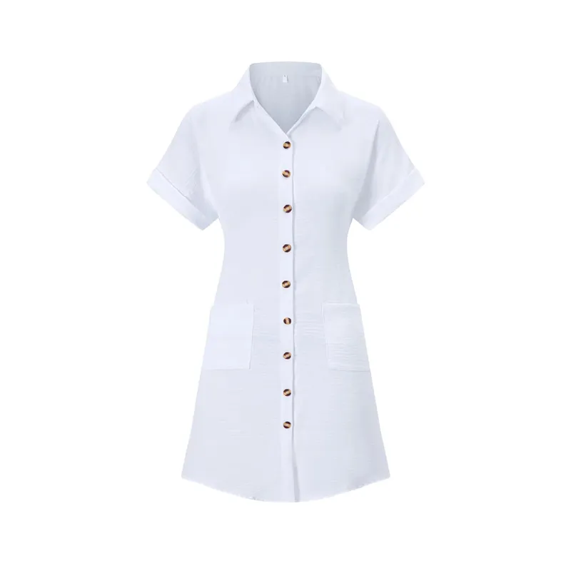2026 European and American Cross Border Leisure Solid Color Cotton Hemp Buckle Long Short Sleeve Loose Shirt Dress Women's Wear — image 8