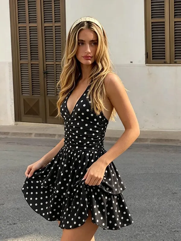 Vintage Polka Dot sukienka wiązana na szyi dla kobiet głęboki dekolt w kształcie litery V, bez pleców, marszczona talia, wielowarstwowa sukienka z falbaną, impreza retro na co dzień, krótkie sukienki — image 4