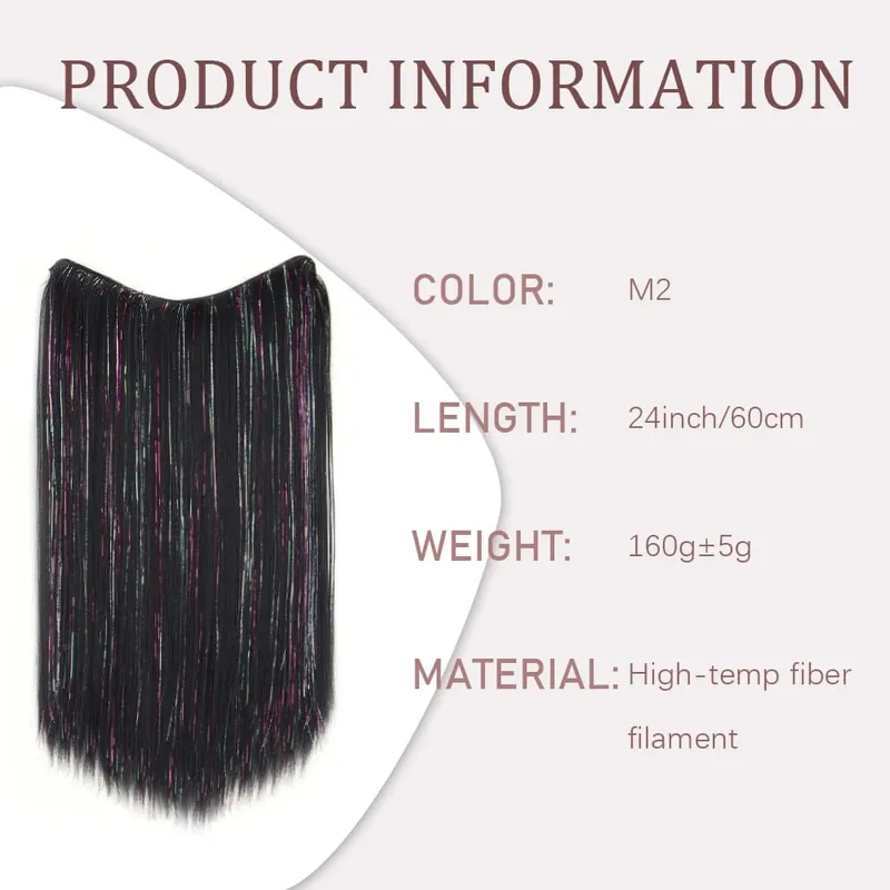 24Inch Synthetic Long Straight Clip‑in Hair Extensions Sparkling Tinsel Hair High‑Temp Fiber Hairpiece for Women Party Cosplay