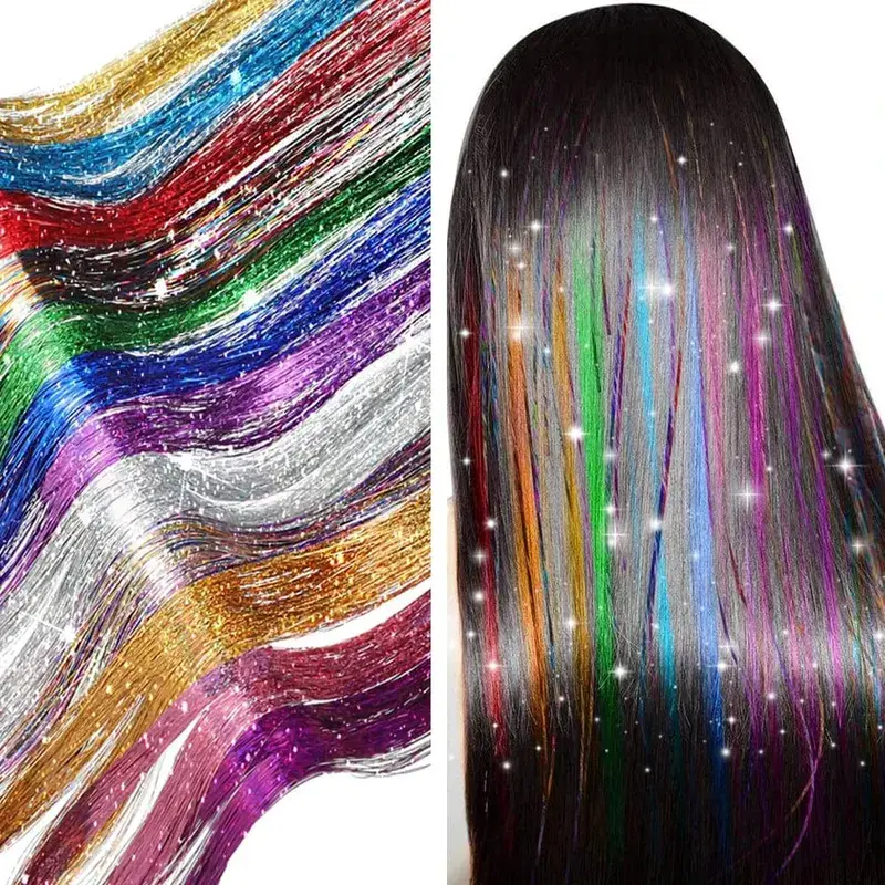 93/120cm Sparkle Synthetics Hair Extensions Tinsel Rainbow Colored Strands Girls Headwear Hairbinge Hair Laser False Decor