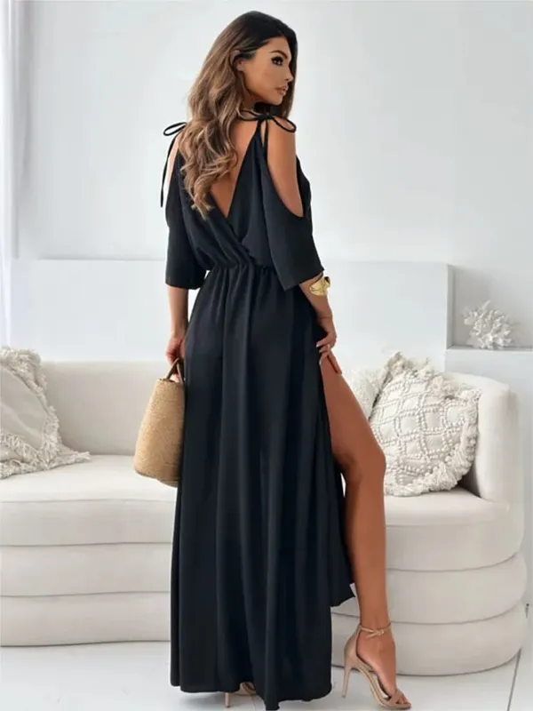 ฤดูร้อน V คอกระโปรง Slit Dress Off-ไหล่เซ็กซี่สปาเก็ตตี้ชุดเดรสแฟชั่น Elegant หลวม Beach Dresses Robe femme