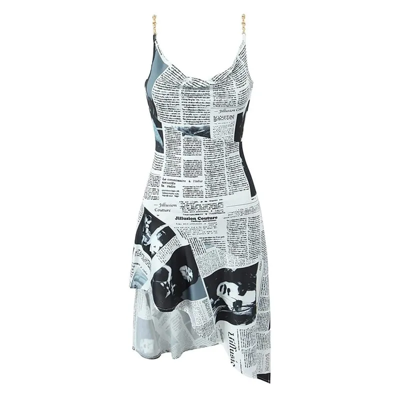 New Women Newspaper Letter Print Irregular Hem Sling Dresses Fashion Backless Thin Straps With Chain Summer Sexy Dress — image 2