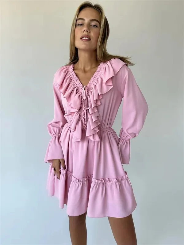Tossy Ruffled V-Neck White Mini Dress Female Patchwork Long Sleeve Elegant Bandage Fashion Dress High Waist Lace-Up Women Dress — image 9
