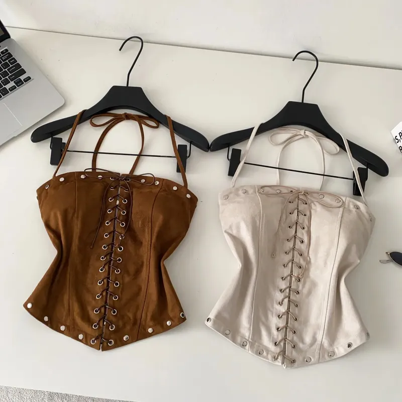 Sexy Bandage Halter Solid Tanks Top Vintage Corset Bustier Korean Autumn Camis Women Party Spice Girl Crop Top — image 7