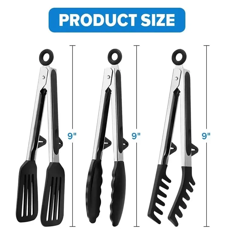 3pcs Silicone Kitchen Cooking Tongs Set Stainless Steel Nonstick Food Tongs Non-Slip Cooking Clip Clamp BBQ Salad Grill Tools