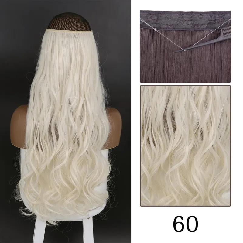 Synthetic No Clip Adjustable Fish Line Hair Extensions Natural Blonde Brown Long Wavy Heat Resiatant Hairpiece For Women