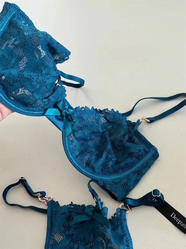Charmoso nicho de cetim tesouro azul lingerie renda sexy anel de aço fino suporte superior conjunto de sutiã reunido roupa íntima feminina — image 5