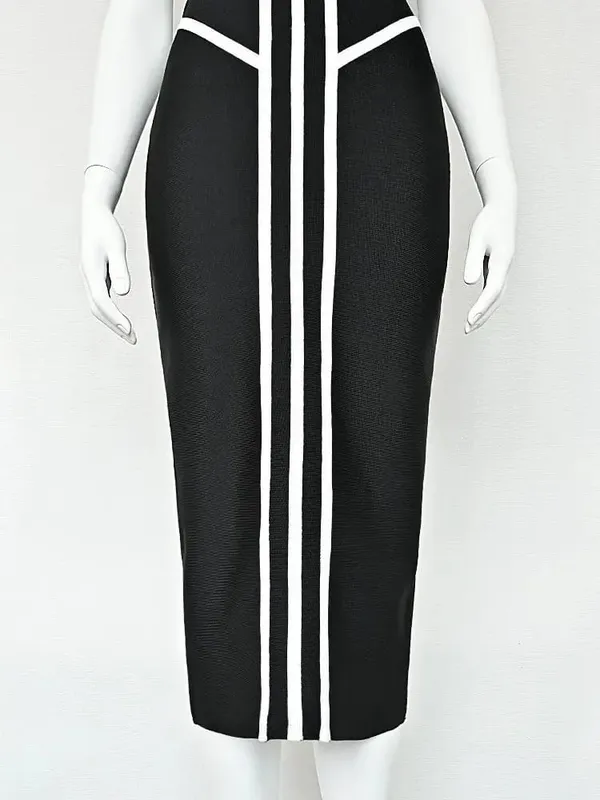 Classic White And Black Stripes Bandage Long Evening Dress Luxury Contrast Vintage Woman Bodycon Elastic Dress Slim Midi — image 7