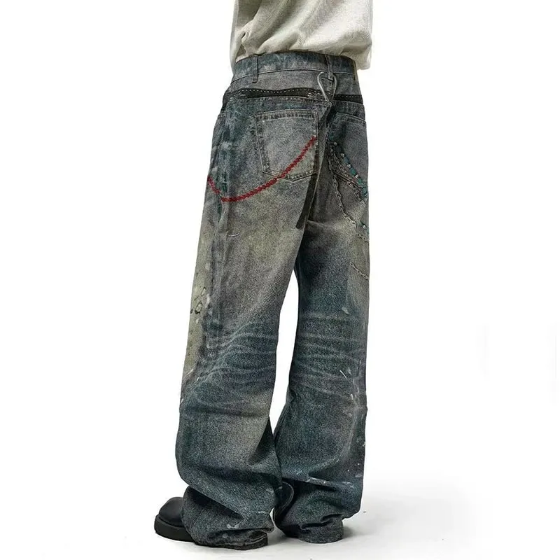 Niche Design Men's Denim Pants Chain Printing Contrast Color Splash-ink Casual Wide Leg Vintage Loose Male Jeans 9W4170 — image 6
