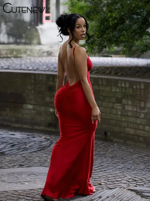 Nibber Red Shiny Spaghetti Strap Maxi Dress Women Solid Sexy Backless Ruched Cleavage Body-shaping Robe Lady Hipster Streetwear — image 2